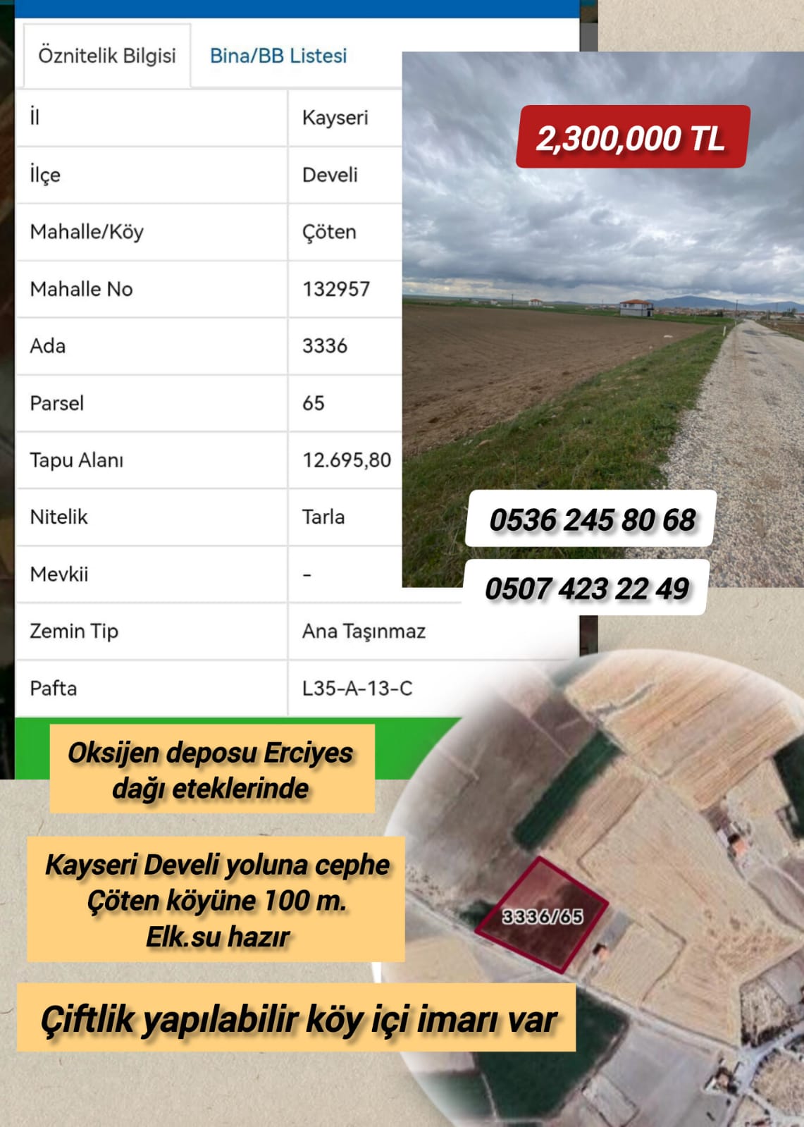 12 buçuk dönüm at hobi çiftliğe müsait Arsa, Oksijen deposu Erciyes Dağı eteklerinde Develi yolu üzerinde Çöten köyüne 100 m.Elk.Su hazır  sadece 2.300 bin TL